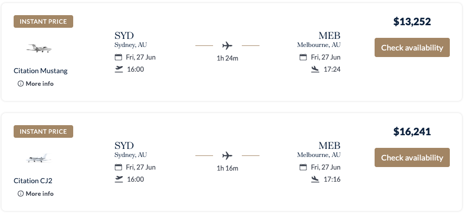 Sydney to Melbourne private jet instant price